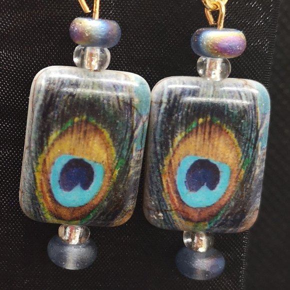 NEW - 18K Gold Plated Hardware with Peacock Stone - Handmade Earrings - Picture 4 of 5